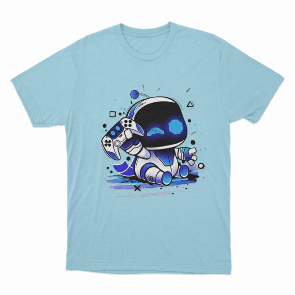 Astro Bot Holding Gaming Controller T Shirt Sky Blue 3xl